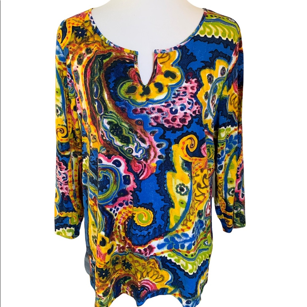 Chico's Womens Tunic Size 3 Colorful Artsy Boxy Blouse  Stretch Blouse Tunix